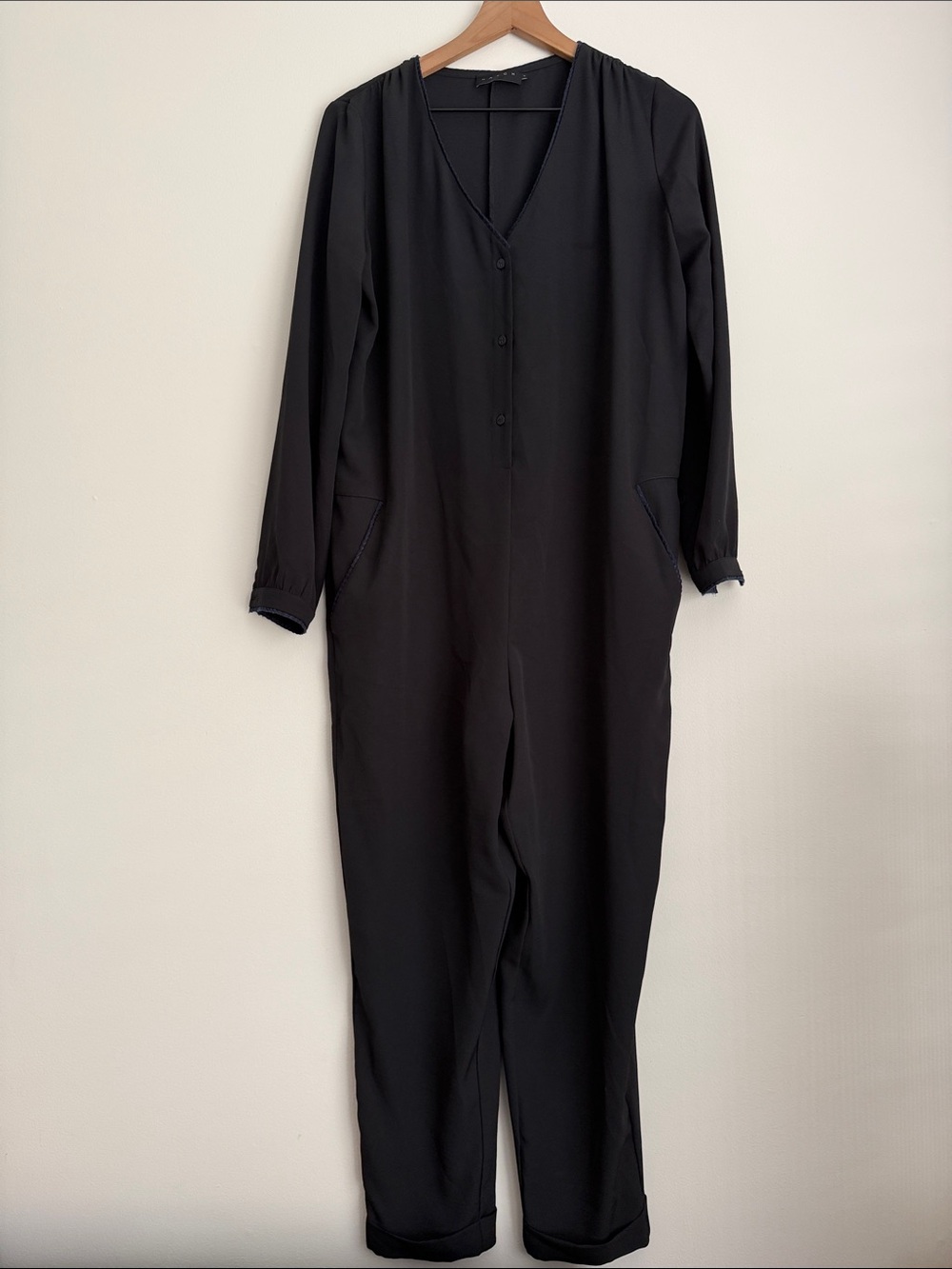 Hatch collection maternity jumpsuit navy blue embroidered trim